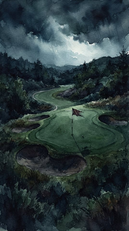 Watercolor illustration of a golf course green with a flag, high-angle view from above, moody dark tones, dramatic lighting, 9:16 aspect ratio
