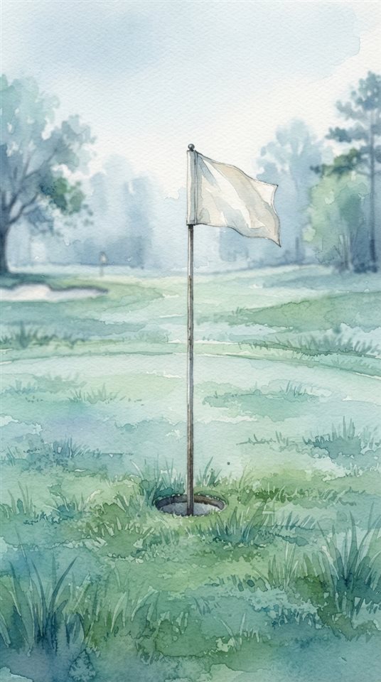 Watercolor illustration of a golf course green with a flag, close-up detail with shallow depth of field, cool blue tones, quiet atmosphere, 9:16 aspect ratio