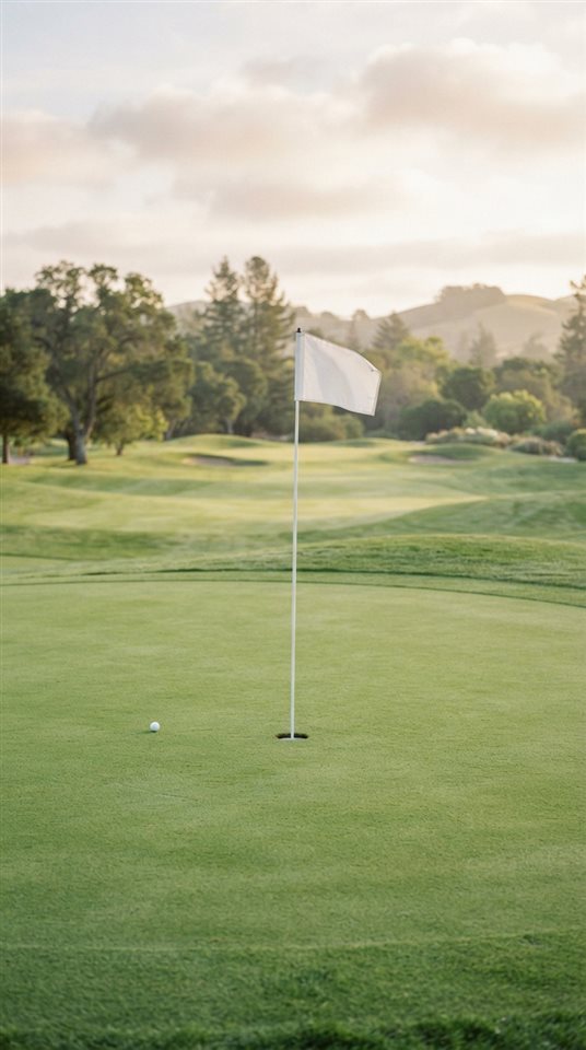 Cinematic film still of a golf course green with a flag, centered subject with a simple uncluttered composition, soft pastel colors, bright and cozy, 9:16 aspect ratio