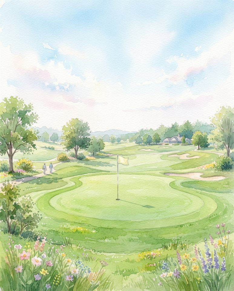 Watercolor illustration of a golf course green with a flag, wide shot with open space at the top for text, soft pastel colors, bright and cozy, 4:5 aspect ratio