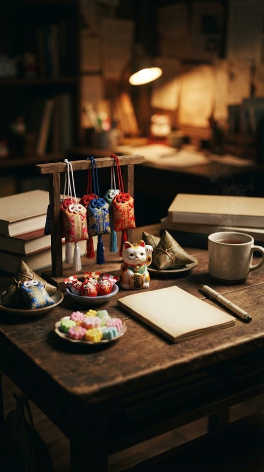 Cinematic film still of lucky charms and traditional sweets for passing an exam, centered subject with a simple uncluttered composition, vivid colors, high contrast, energetic, 9:16 aspect ratio