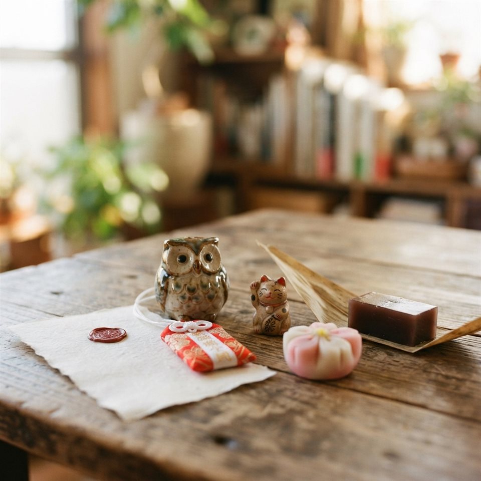 Photorealistic photo of lucky charms and traditional sweets for passing an exam, close-up detail with shallow depth of field, warm golden light, calm mood, 1:1 aspect ratio