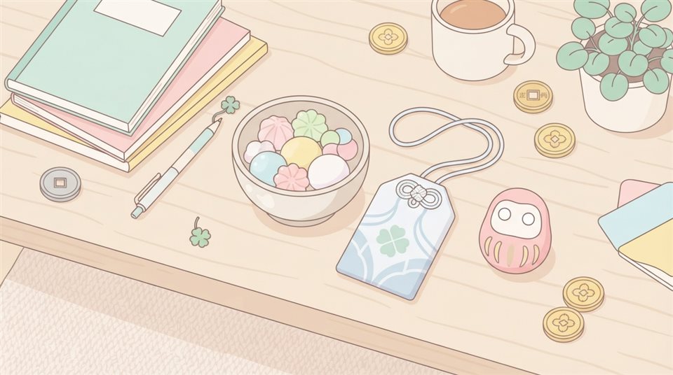 Minimal flat illustration of lucky charms and traditional sweets for passing an exam, high-angle view from above, soft pastel colors, bright and cozy, 16:9 aspect ratio