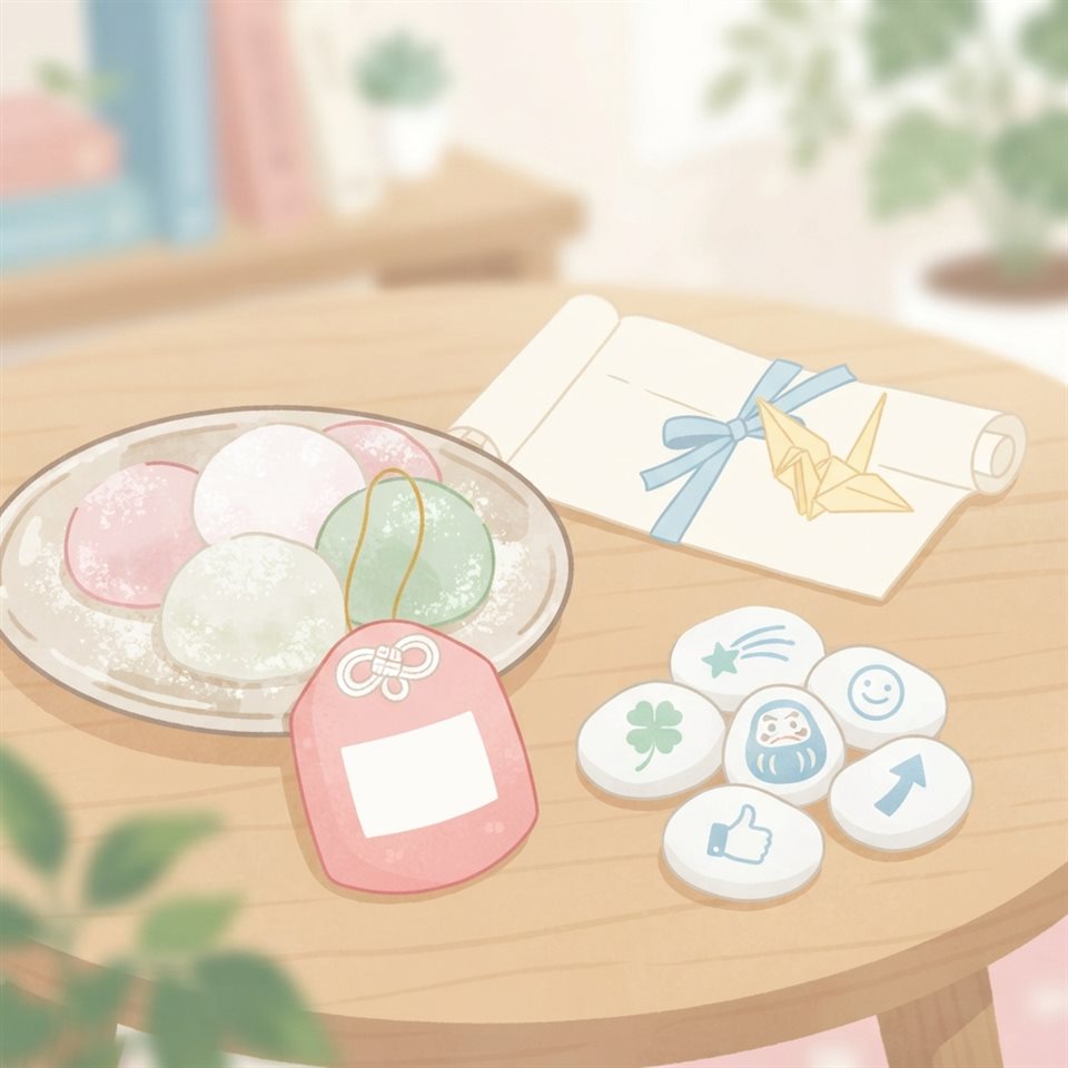 Minimal flat illustration of lucky charms and traditional sweets for passing an exam, close-up detail with shallow depth of field, soft pastel colors, bright and cozy, 1:1 aspect ratio