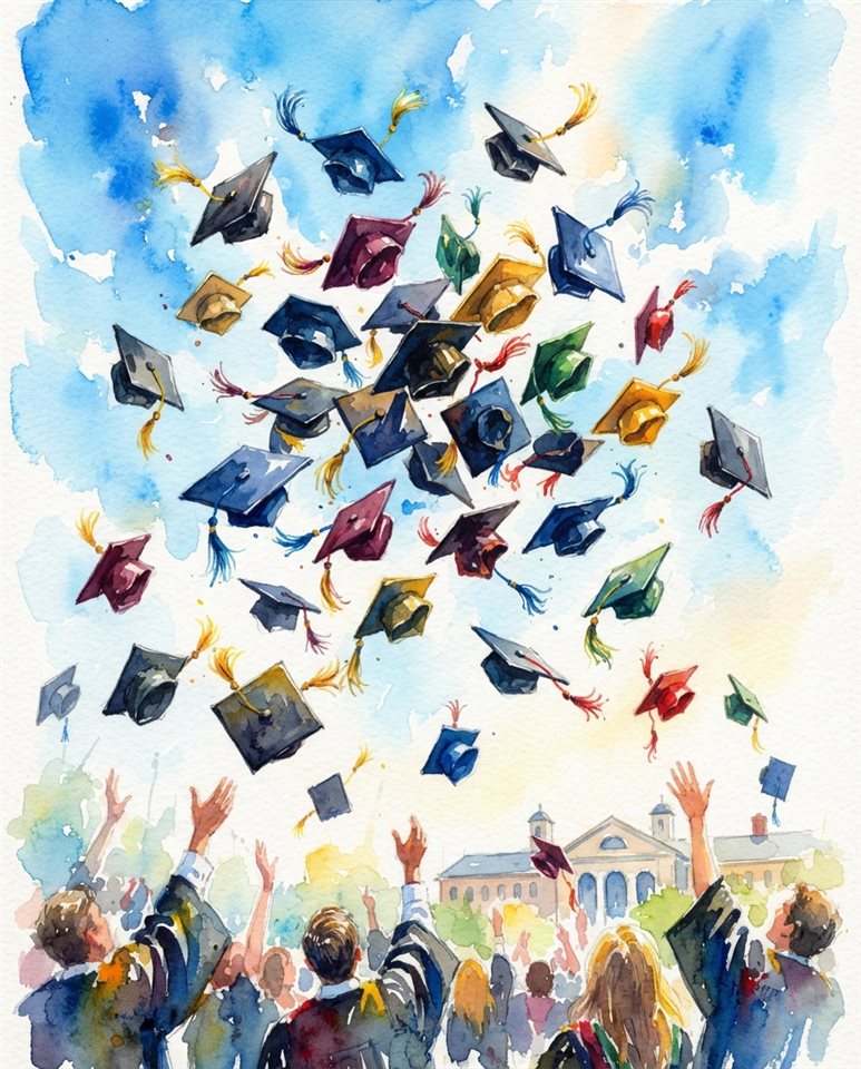 Watercolor illustration of graduation caps tossed into the sky, centered subject with a simple uncluttered composition, vivid colors, high contrast, energetic, 4:5 aspect ratio