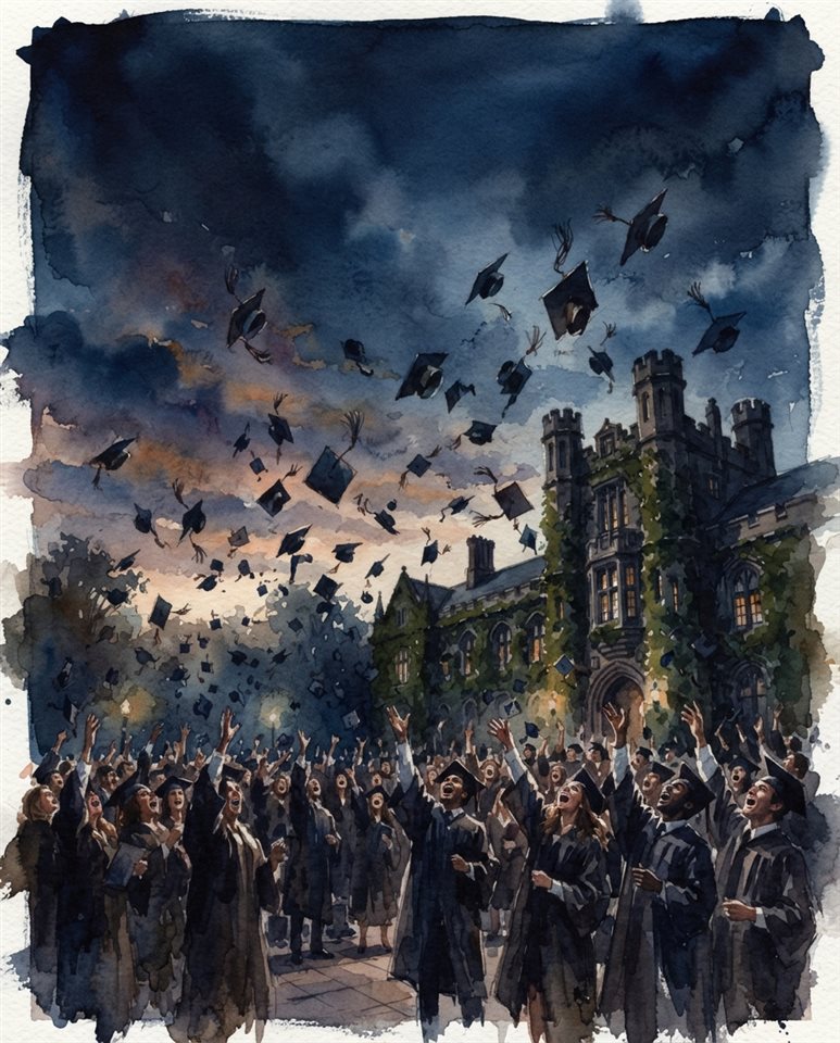 Watercolor illustration of graduation caps tossed into the sky, wide shot with open space at the top for text, moody dark tones, dramatic lighting, 4:5 aspect ratio