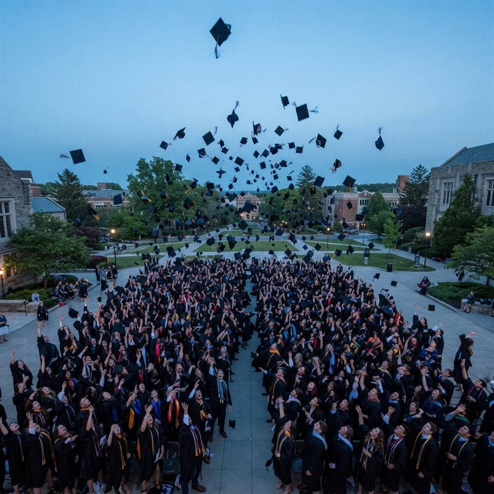 Photorealistic photo of graduation caps tossed into the sky, high-angle view from above, cool blue tones, quiet atmosphere, 1:1 aspect ratio