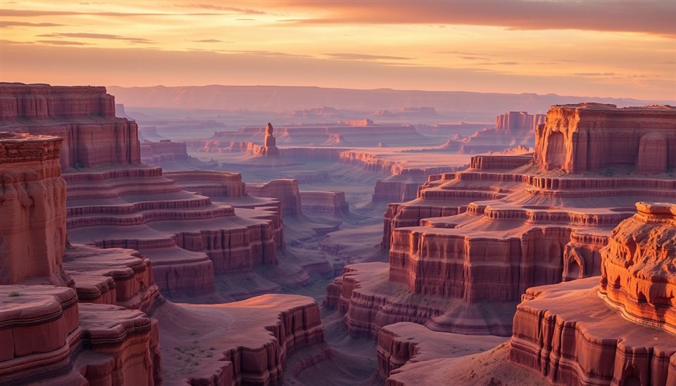 Photorealistic photo of Massive layered red rock canyon cliffs stretching endlessly under a vast desert sky, wide shot with open space at the top for text, warm golden light, calm mood, 16:9 aspect ratio
