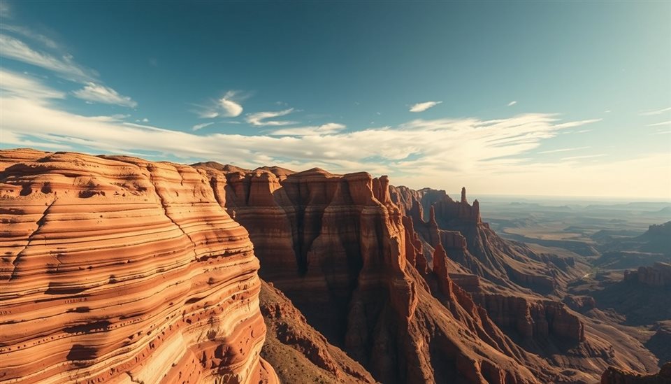Cinematic film still of Massive layered red rock canyon cliffs stretching endlessly under a vast desert sky, high-angle view from above, vivid colors, high contrast, energetic, 16:9 aspect ratio