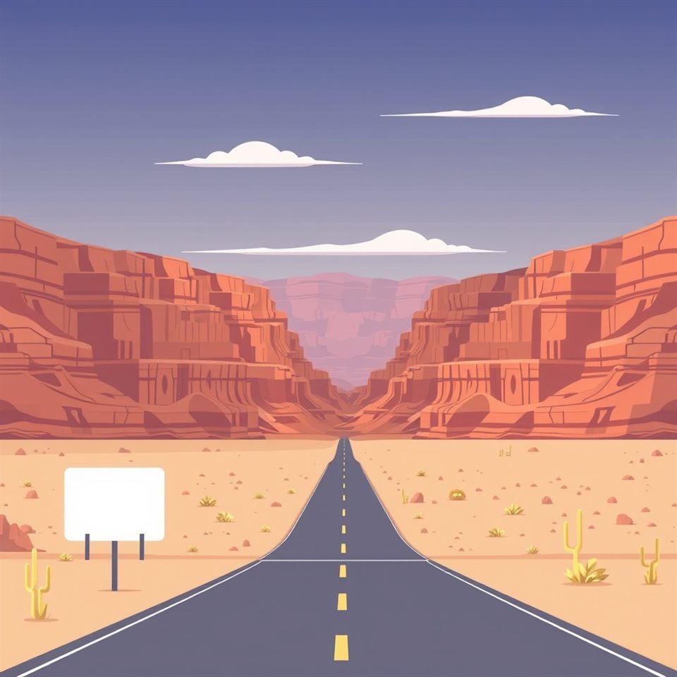 Minimal flat illustration of Massive layered red rock canyon cliffs stretching endlessly under a vast desert sky, centered subject with a simple uncluttered composition, soft pastel colors, bright and cozy, 1:1 aspect ratio