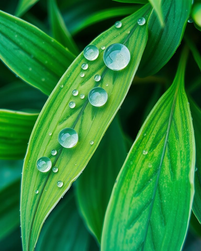 Watercolor illustration of Close-up of fresh, vibrant green leaves glistening with morning dew drops., close-up detail with shallow depth of field, cool blue tones, quiet atmosphere, 4:5 aspect ratio