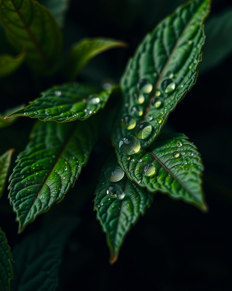 Photorealistic photo of Close-up of fresh, vibrant green leaves glistening with morning dew drops., close-up detail with shallow depth of field, moody dark tones, dramatic lighting, 4:5 aspect ratio