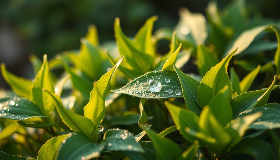 Photorealistic photo of Close-up of fresh, vibrant green leaves glistening with morning dew drops., wide shot with open space at the top for text, warm golden light, calm mood, 16:9 aspect ratio