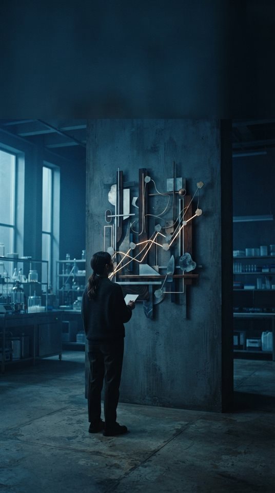 Cinematic film still of abstract growth chart, wide shot with open space at the top for text, cool blue tones, quiet atmosphere, 9:16 aspect ratio