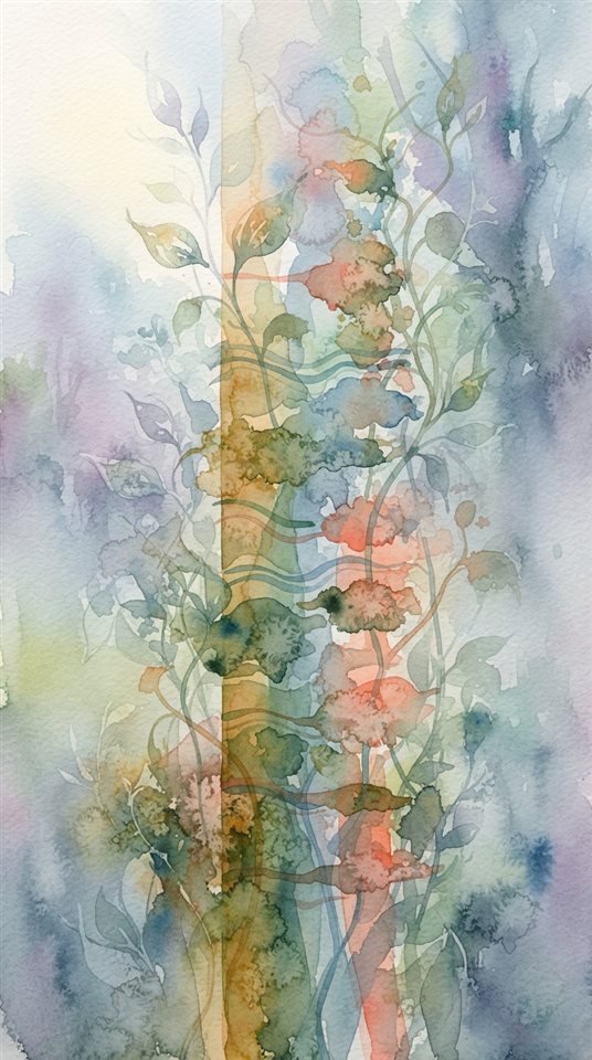 Watercolor illustration of abstract growth chart, close-up detail with shallow depth of field, misty morning haze, dreamy, 9:16 aspect ratio