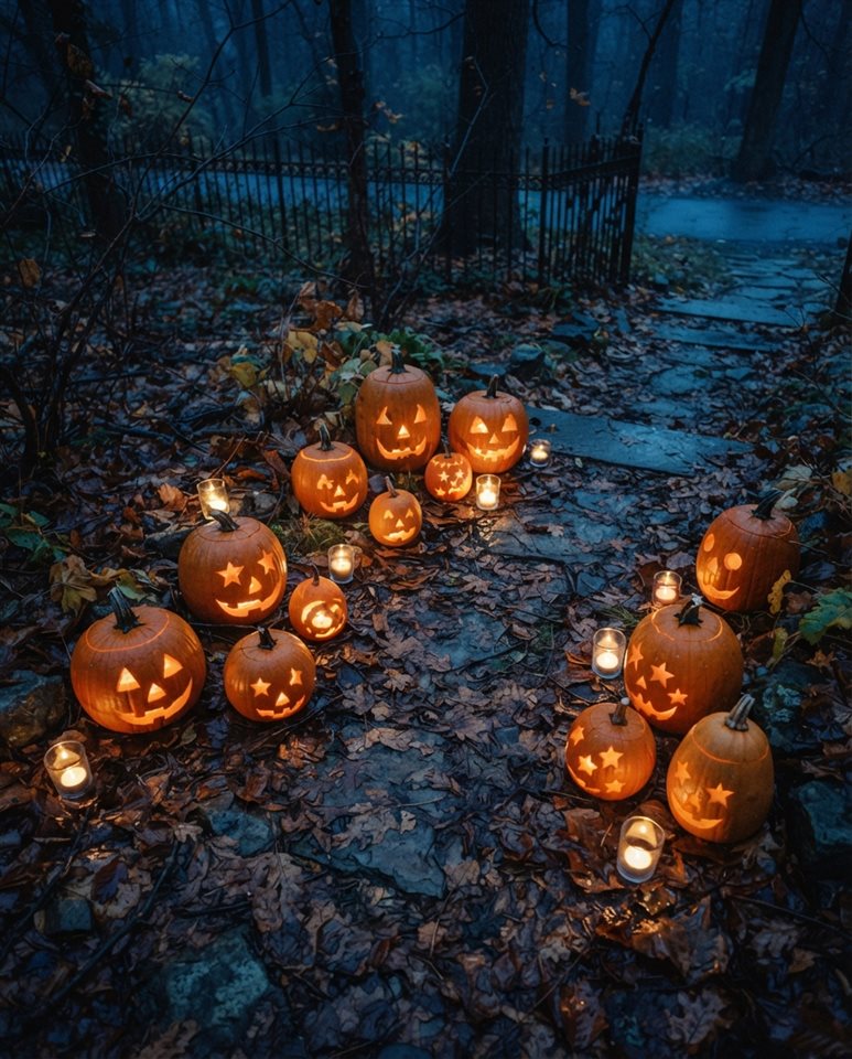 Cinematic film still of halloween pumpkins and candles, high-angle view from above, cool blue tones, quiet atmosphere, 4:5 aspect ratio
