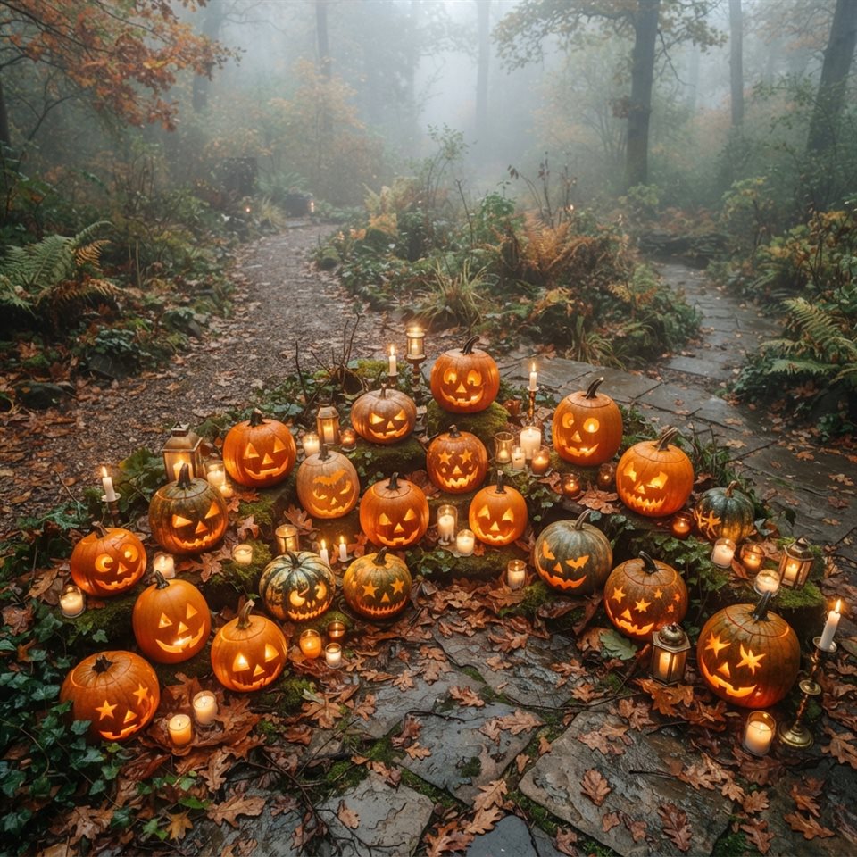 Photorealistic photo of halloween pumpkins and candles, high-angle view from above, misty morning haze, dreamy, 1:1 aspect ratio