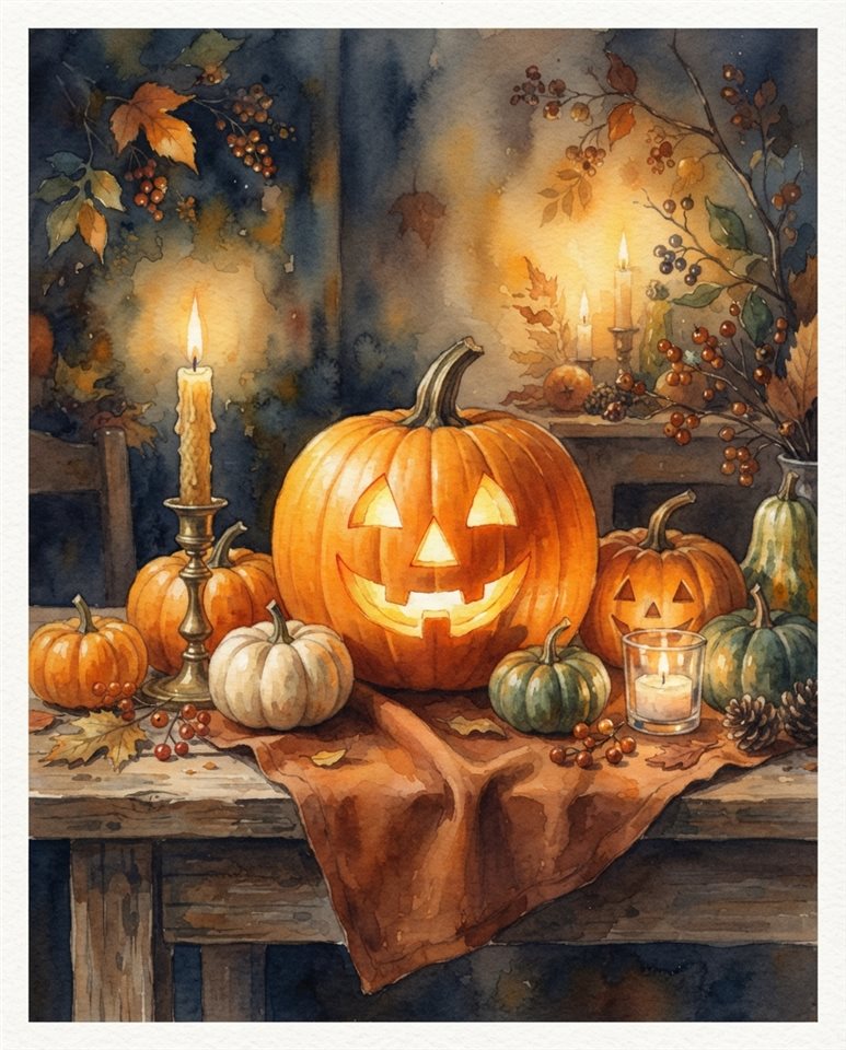 Watercolor illustration of halloween pumpkins and candles, centered subject with a simple uncluttered composition, warm golden light, calm mood, 4:5 aspect ratio