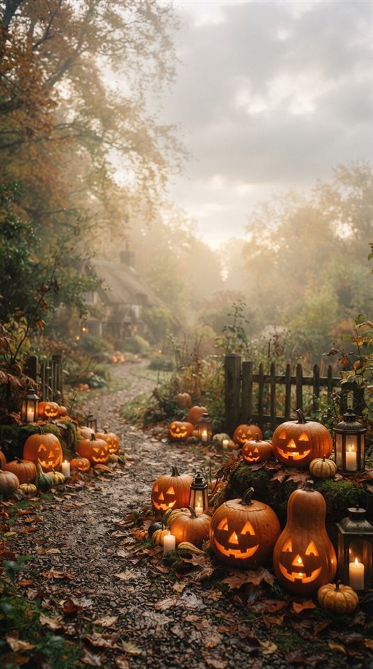 Fotograma cinematográfico de calabazas de Halloween y velas, toma amplia con espacio abierto en la parte superior para texto, neblina matutina, de ensueño, proporción 9:16