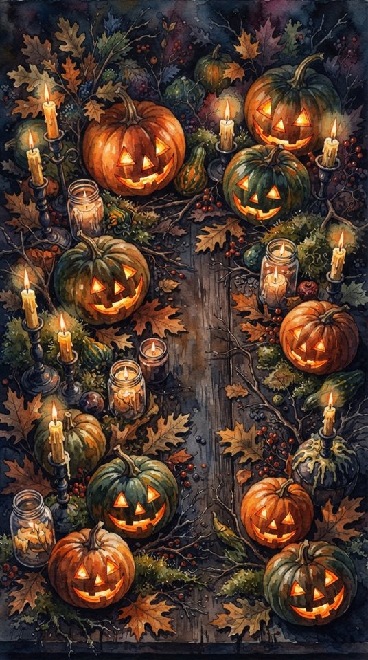 Ilustración en acuarela de calabazas de Halloween y velas, vista en picada desde arriba, tonos oscuros y melancólicos, iluminación dramática, proporción 9:16