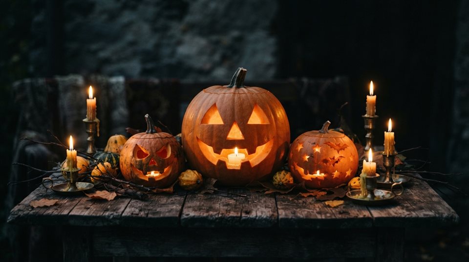 Photorealistic photo of halloween pumpkins and candles, centered subject with a simple uncluttered composition, moody dark tones, dramatic lighting, 16:9 aspect ratio