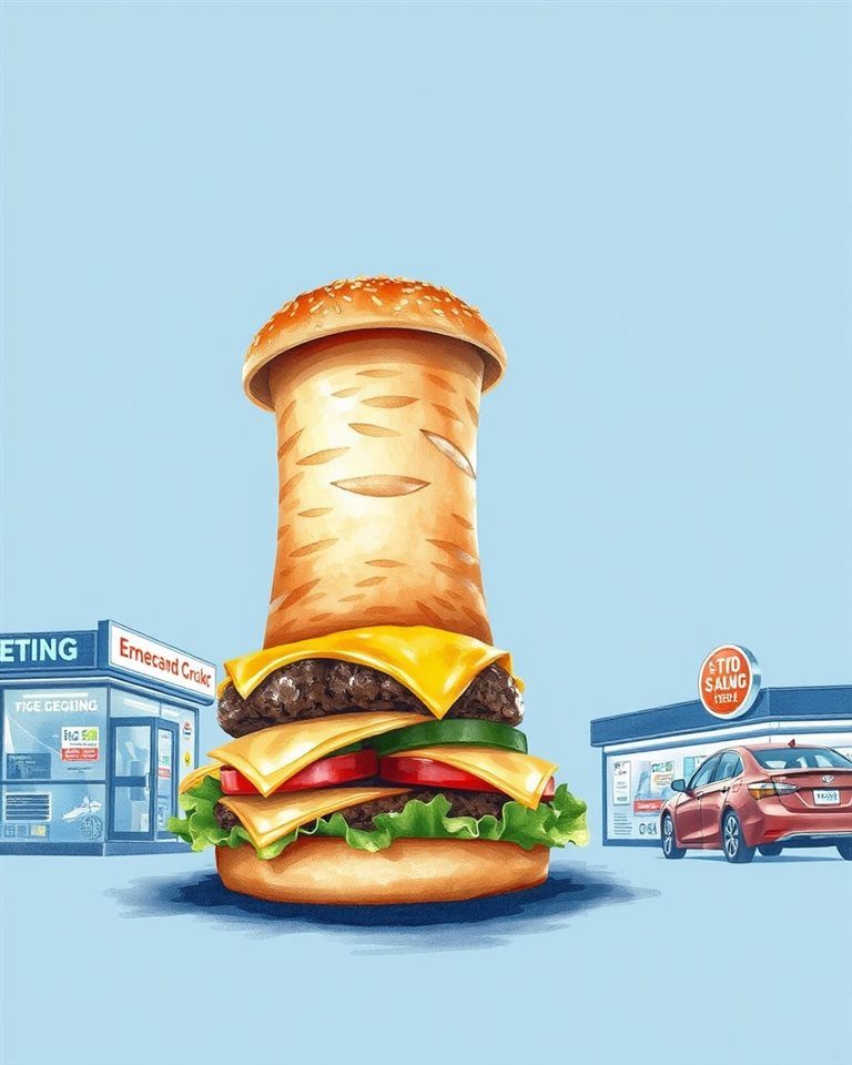 Watercolor illustration of A tall, appetizing gourmet hamburger with melted cheese, lettuce, and a sesame seed bun, wide shot with open space at the top for text, cool blue tones, quiet atmosphere, 4:5 aspect ratio
