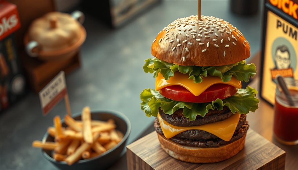 Photorealistic photo of A tall, appetizing gourmet hamburger with melted cheese, lettuce, and a sesame seed bun, high-angle view from above, warm golden light, calm mood, 16:9 aspect ratio