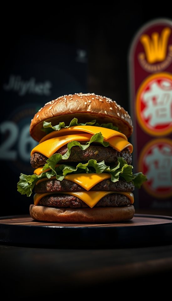 Photorealistic photo of A tall, appetizing gourmet hamburger with melted cheese, lettuce, and a sesame seed bun, centered subject with a simple uncluttered composition, moody dark tones, dramatic lighting, 9:16 aspect ratio