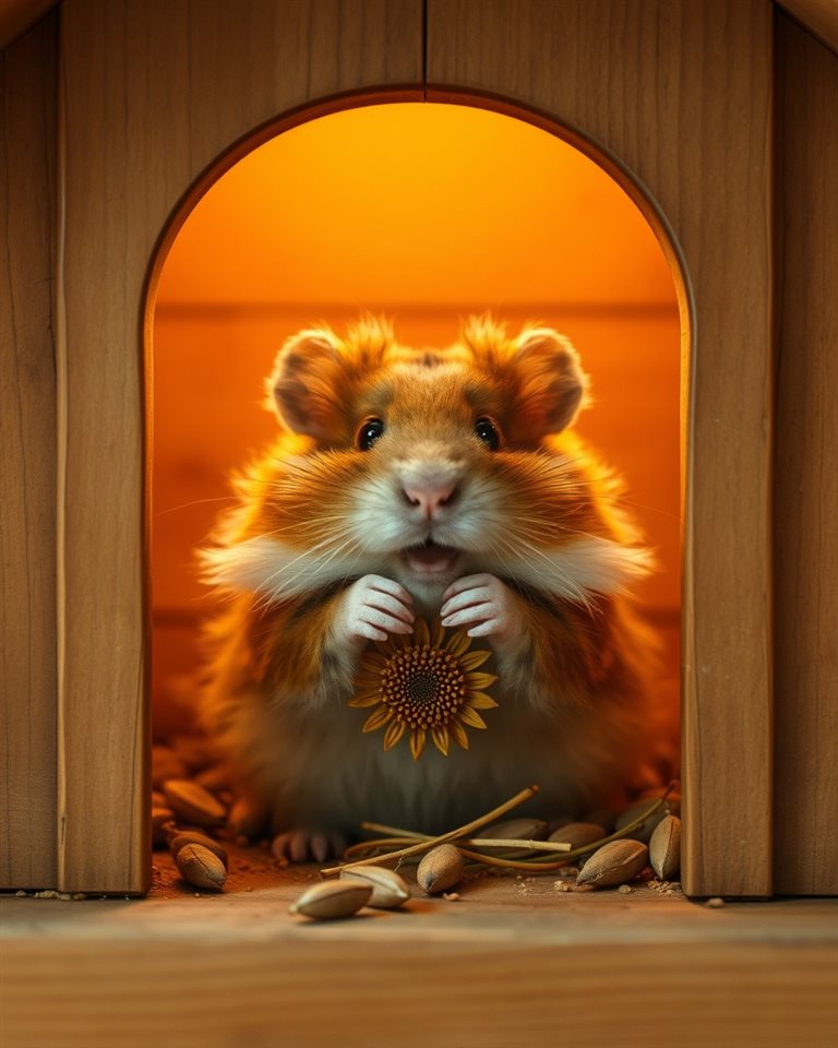 Cinematic film still of A fluffy little hamster sitting inside a wooden hut eating a sunflower seed, centered subject with a simple uncluttered composition, vivid colors, high contrast, energetic, 4:5 aspect ratio