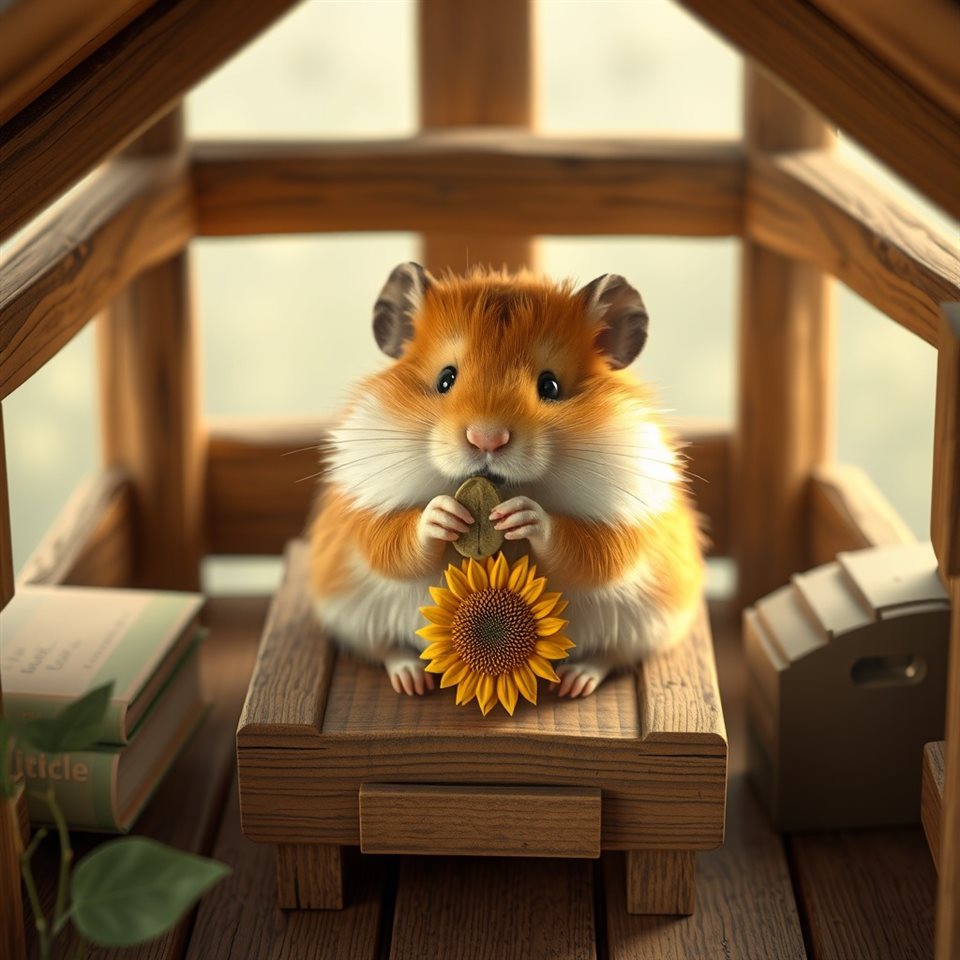 Soft 3D render of A fluffy little hamster sitting inside a wooden hut eating a sunflower seed, high-angle view from above, misty morning haze, dreamy, 1:1 aspect ratio