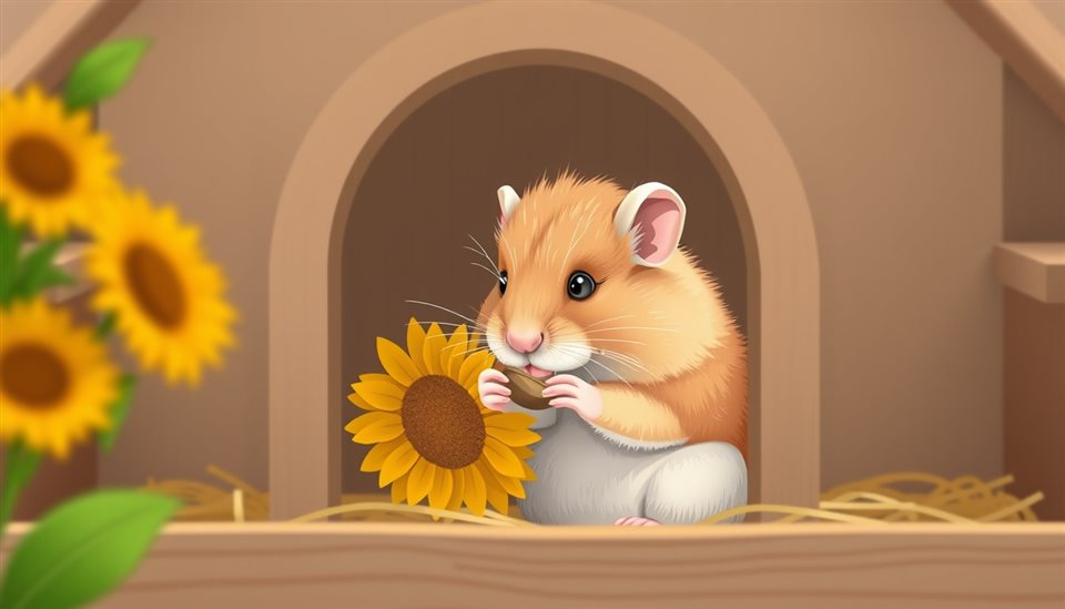 Minimal flat illustration of A fluffy little hamster sitting inside a wooden hut eating a sunflower seed, close-up detail with shallow depth of field, soft pastel colors, bright and cozy, 16:9 aspect ratio