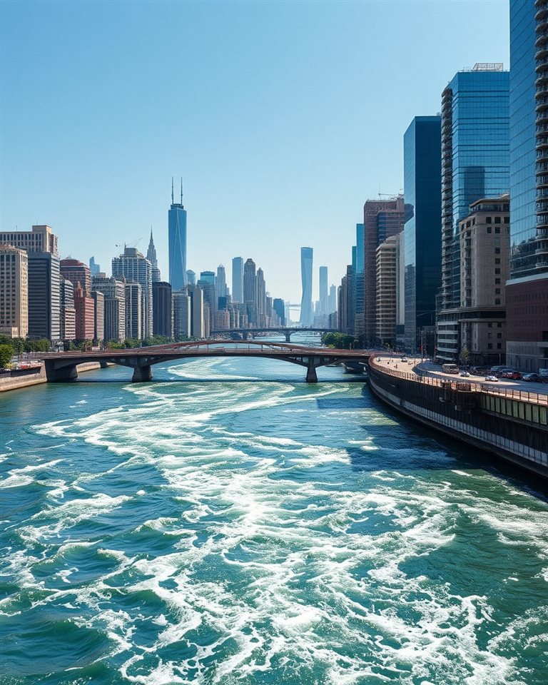 Cinematic film still of A wide flowing river passing through a metropolis with bridges and distant skyscrapers under a clear sky., wide shot with open space at the top for text, vivid colors, high contrast, energetic, 4:5 aspect ratio