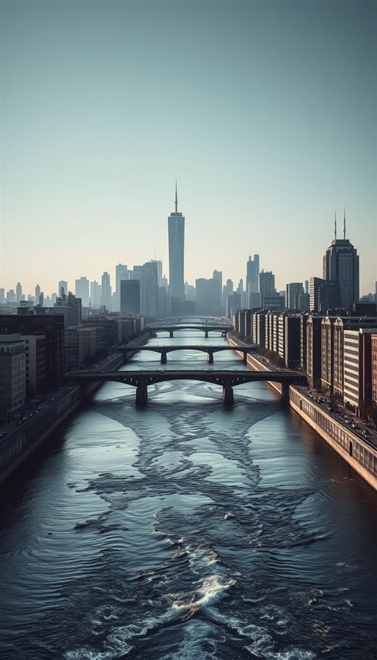 Photorealistic photo of A wide flowing river passing through a metropolis with bridges and distant skyscrapers under a clear sky., centered subject with a simple uncluttered composition, moody dark tones, dramatic lighting, 9:16 aspect ratio
