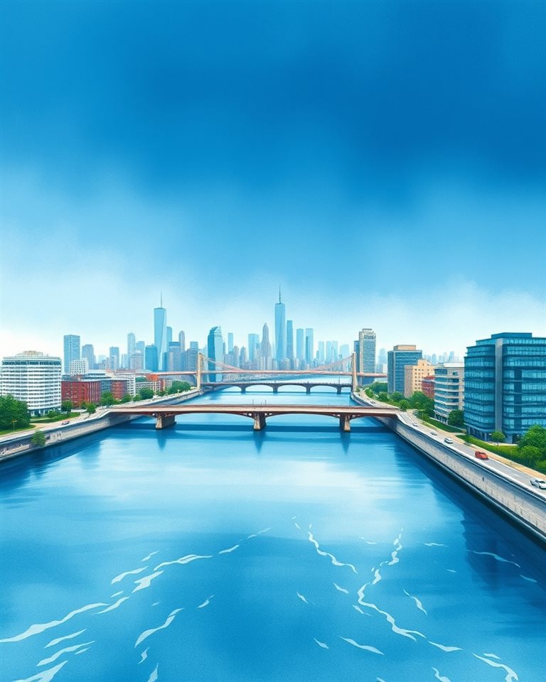 Watercolor illustration of A wide flowing river passing through a metropolis with bridges and distant skyscrapers under a clear sky., wide shot with open space at the top for text, cool blue tones, quiet atmosphere, 4:5 aspect ratio
