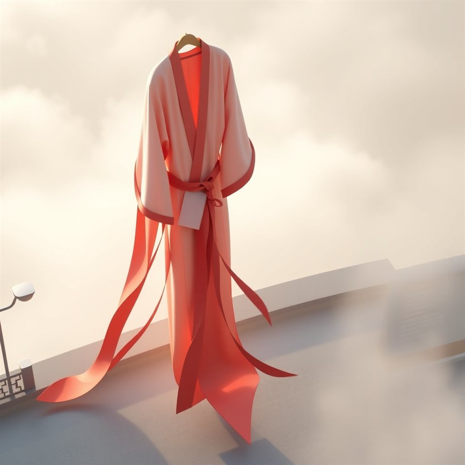 Soft 3D render of Flat vector illustration of traditional East Asian silk robes with graceful flowing ribbons, high-angle view from above, misty morning haze, dreamy, 1:1 aspect ratio
