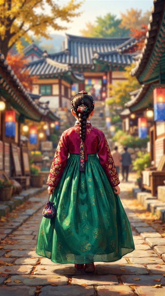 Cinematic film still of a cute illustrated girl in a colorful Korean hanbok seen from behind, centered subject with a simple uncluttered composition, vivid colors, high contrast, energetic, 9:16 aspect ratio