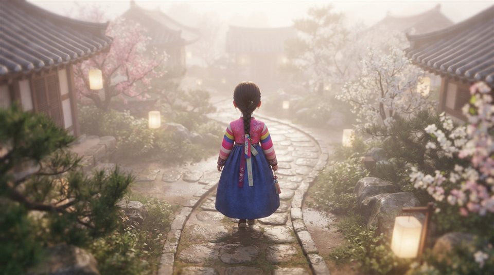 Soft 3D render of a cute illustrated girl in a colorful Korean hanbok seen from behind, high-angle view from above, misty morning haze, dreamy, 16:9 aspect ratio