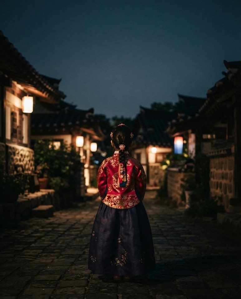 Photorealistic photo of a cute illustrated girl in a colorful Korean hanbok seen from behind, wide shot with open space at the top for text, moody dark tones, dramatic lighting, 4:5 aspect ratio