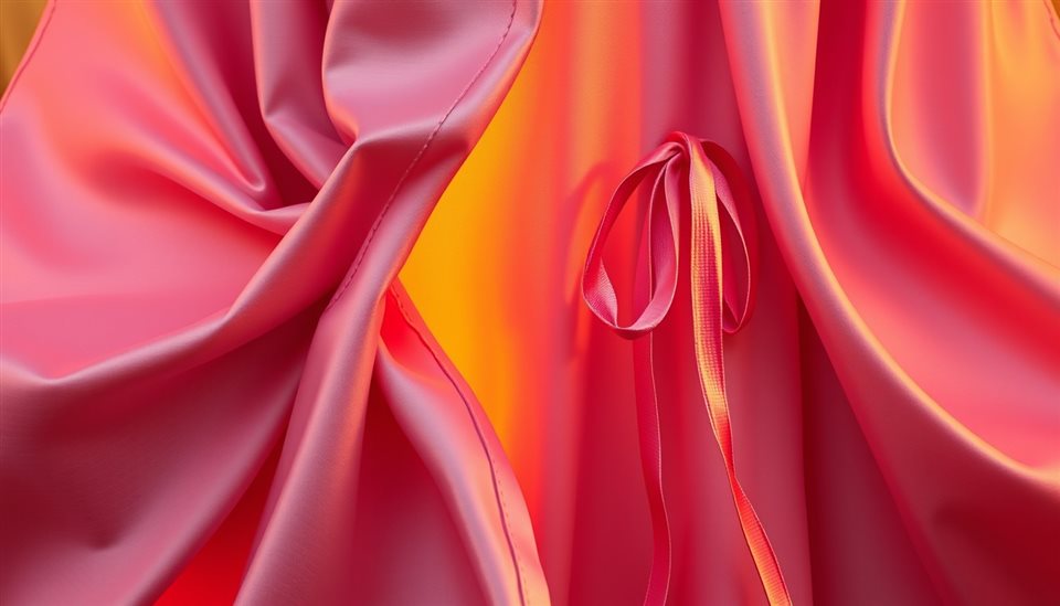 Photorealistic photo of Flat vector illustration of traditional East Asian silk robes with graceful flowing ribbons, close-up detail with shallow depth of field, warm golden light, calm mood, 16:9 aspect ratio