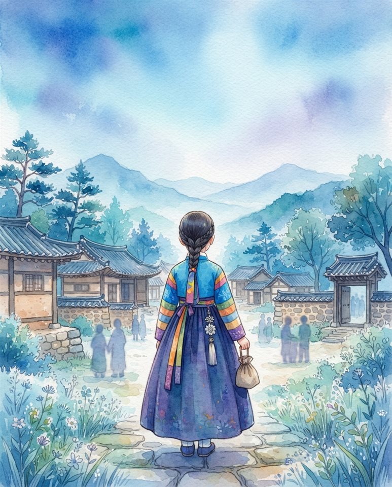 알록달록한 한복을 입은 소녀의 뒷모습 일러스트, 수채화 일러스트, 위쪽에 글자 넣을 여백이 있는 넓은 구도, 차가운 푸른 톤, 고요한 분위기, 4:5 비율