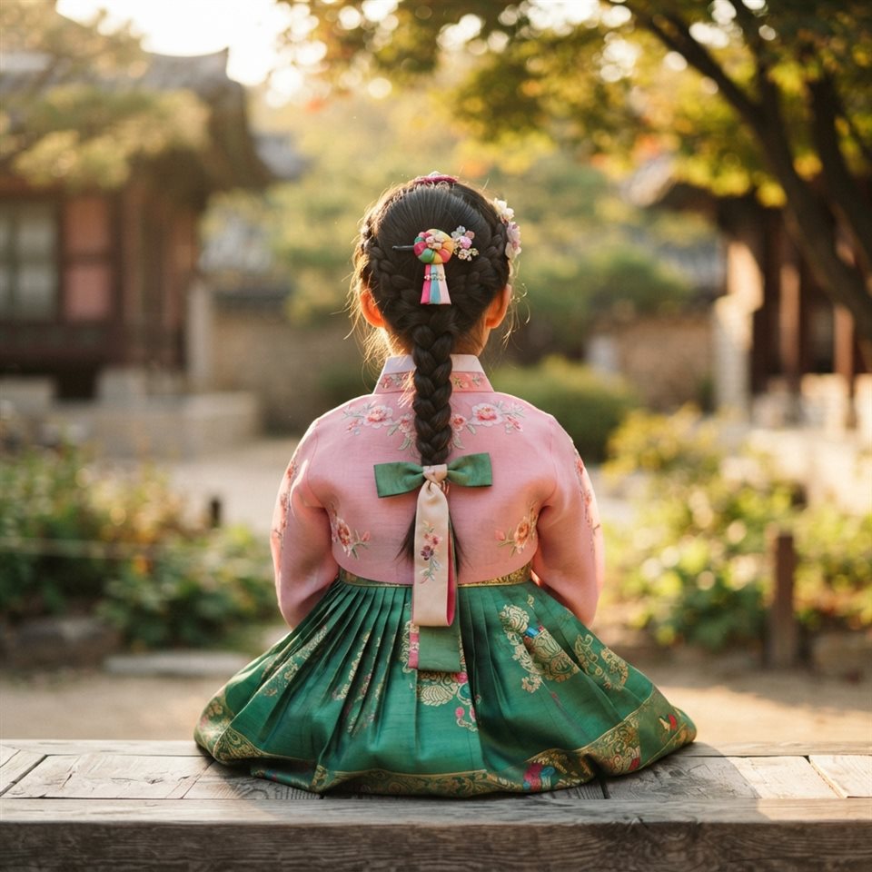 Photorealistic photo of a cute illustrated girl in a colorful Korean hanbok seen from behind, close-up detail with shallow depth of field, warm golden light, calm mood, 1:1 aspect ratio