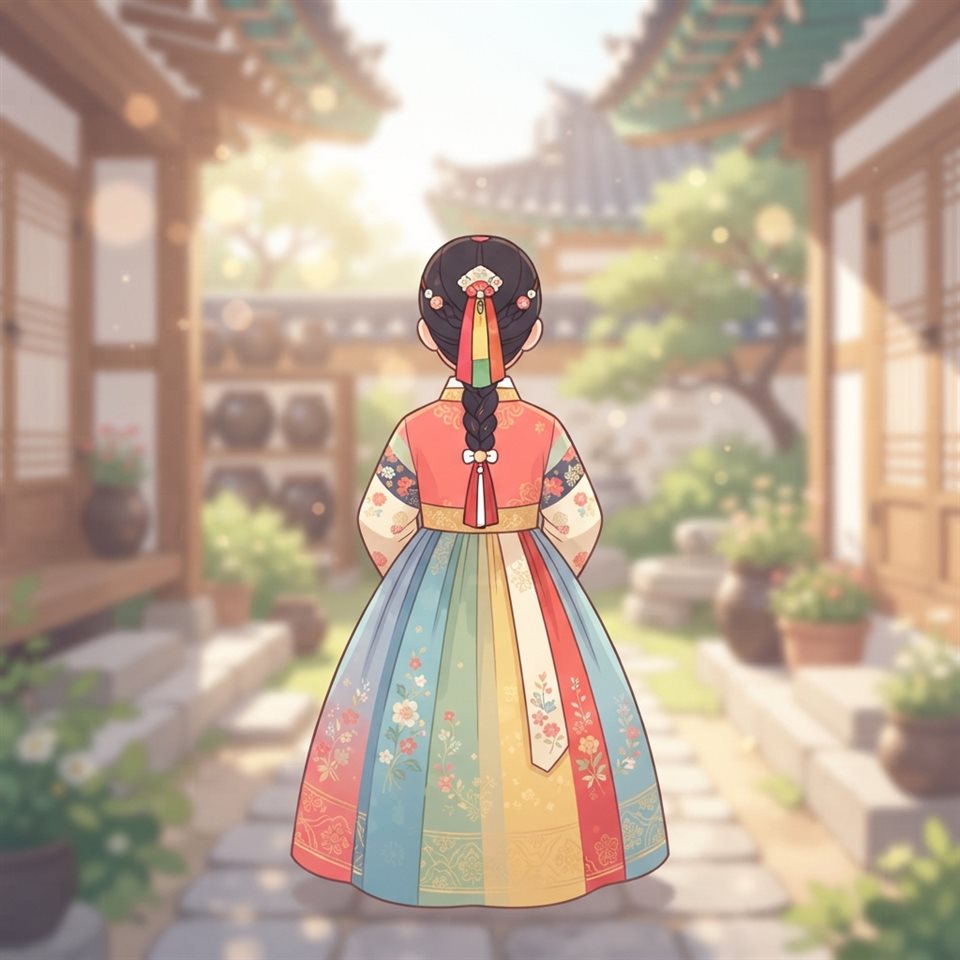 Minimal flat illustration of a cute illustrated girl in a colorful Korean hanbok seen from behind, close-up detail with shallow depth of field, soft pastel colors, bright and cozy, 1:1 aspect ratio