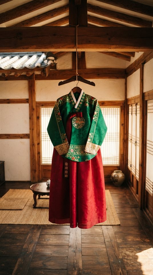 Cinematic film still of a traditional Korean hanbok dress displayed on a wooden hanger in a sunlit hanok room, high-angle view from above, vivid colors, high contrast, energetic, 9:16 aspect ratio