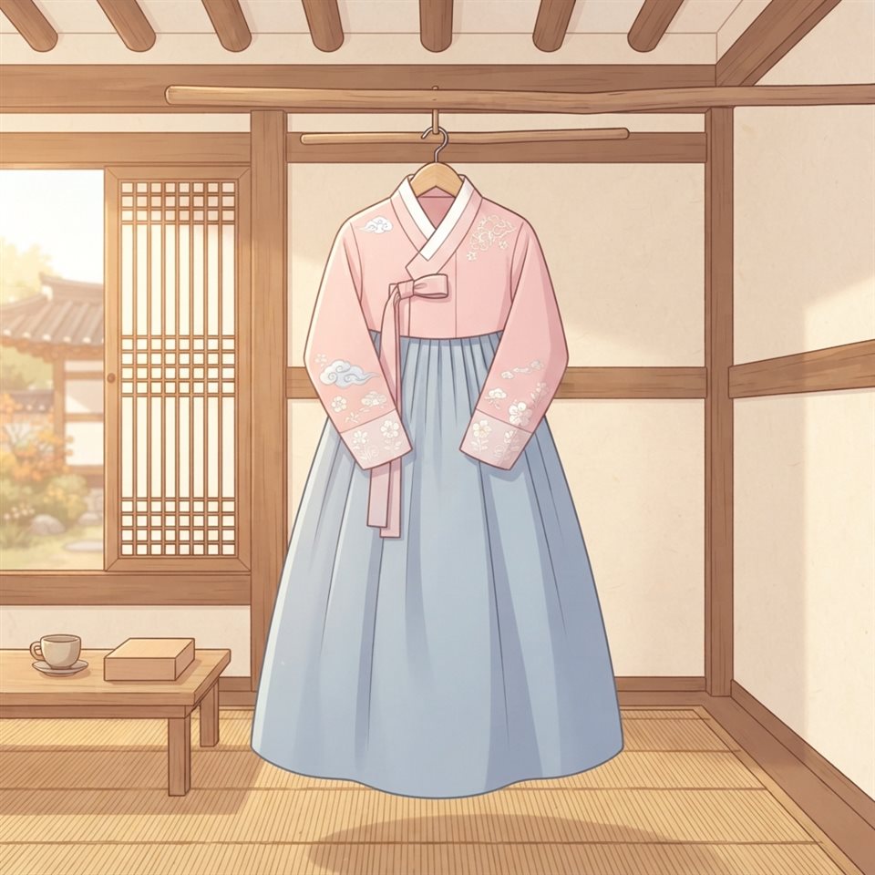 Minimal flat illustration of a traditional Korean hanbok dress displayed on a wooden hanger in a sunlit hanok room, centered subject with a simple uncluttered composition, soft pastel colors, bright and cozy, 1:1 aspect ratio