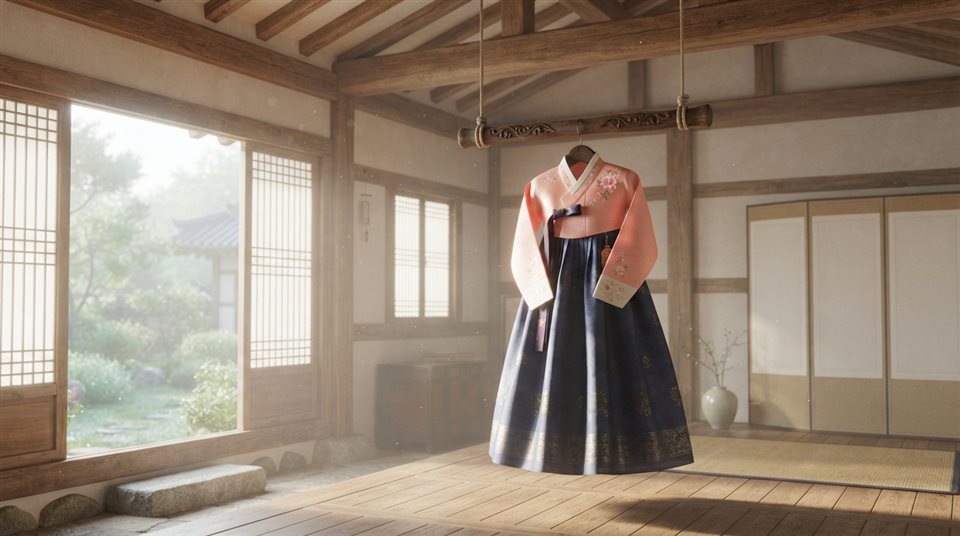 Soft 3D render of a traditional Korean hanbok dress displayed on a wooden hanger in a sunlit hanok room, wide shot with open space at the top for text, misty morning haze, dreamy, 16:9 aspect ratio