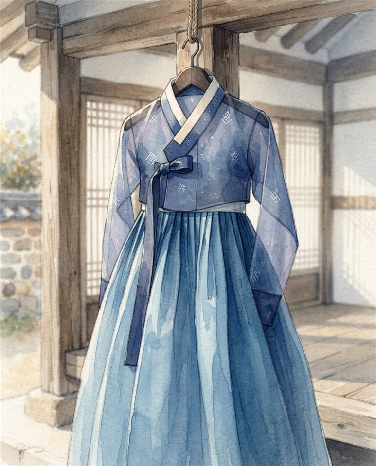 Watercolor illustration of a traditional Korean hanbok dress displayed on a wooden hanger in a sunlit hanok room, close-up detail with shallow depth of field, cool blue tones, quiet atmosphere, 4:5 aspect ratio