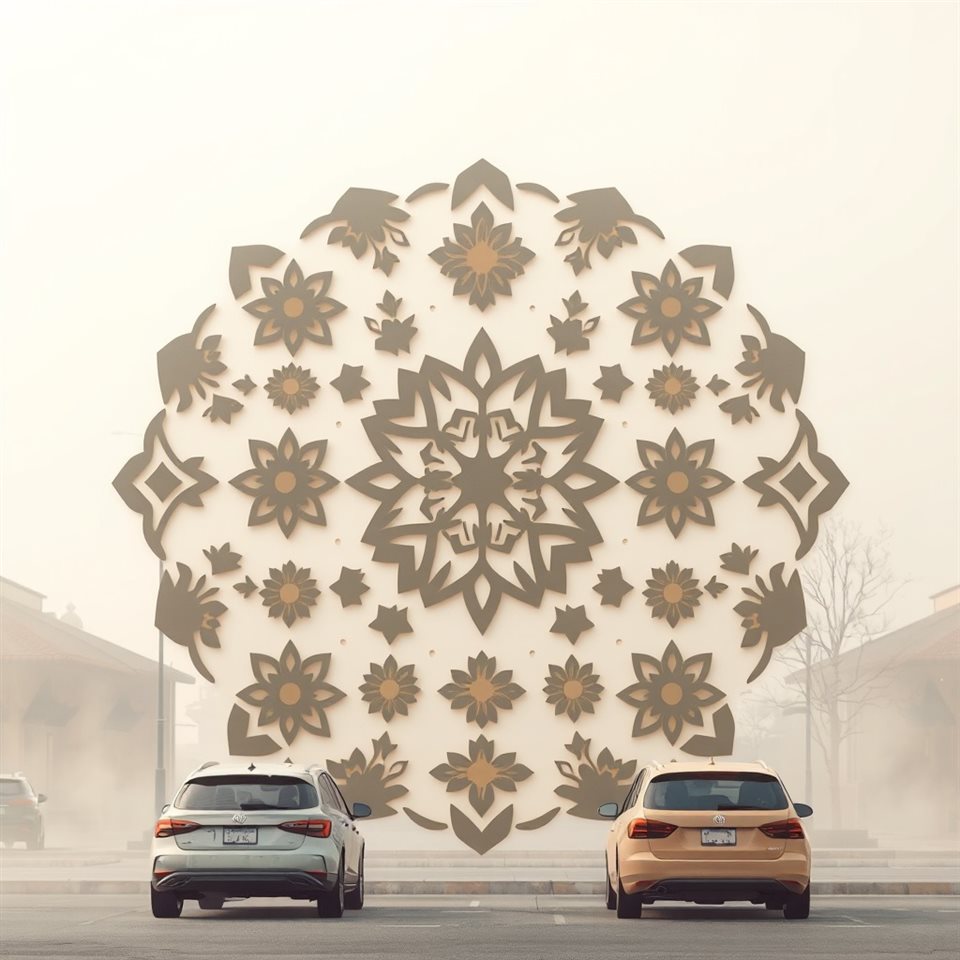 Soft 3D render of An artistic graphic pattern featuring traditional abstract geometric shapes combined with minimal calligraphy strokes., wide shot with open space at the top for text, misty morning haze, dreamy, 1:1 aspect ratio