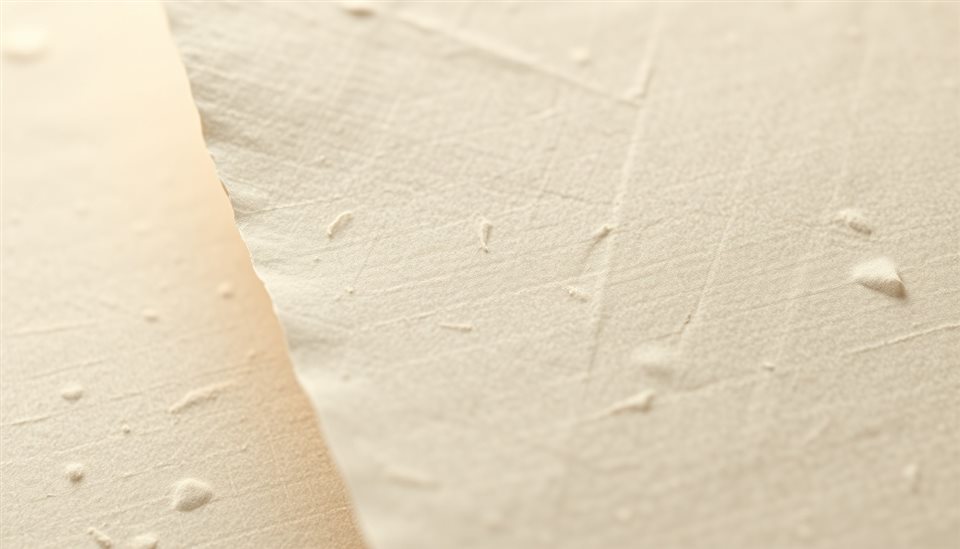 Soft 3D render of Close-up of traditional textured Korean mulberry paper with natural plant fibers visible, close-up detail with shallow depth of field, misty morning haze, dreamy, 16:9 aspect ratio