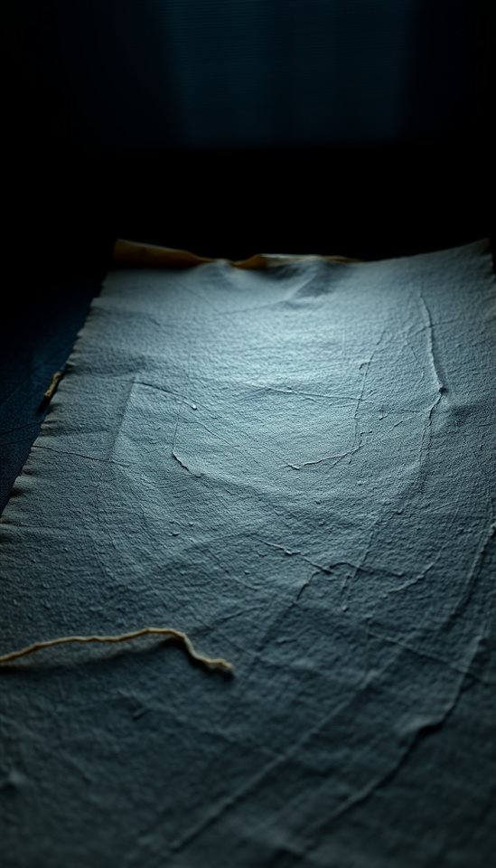 Photorealistic photo of Close-up of traditional textured Korean mulberry paper with natural plant fibers visible, wide shot with open space at the top for text, moody dark tones, dramatic lighting, 9:16 aspect ratio