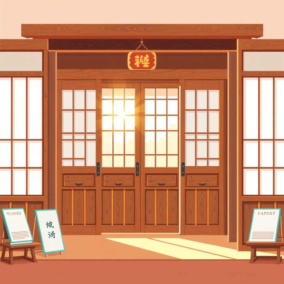 Minimal flat illustration of Traditional wooden sliding doors and paper windows with warm sunlight filtering inside, wide shot with open space at the top for text, soft pastel colors, bright and cozy, 1:1 aspect ratio